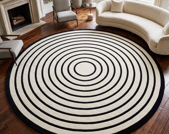 Hand Tufted Round Rug, Black Ivory Concentric Circle Rug, Modern Minimalist Area Rug, Geometric Circle Carpet for Living Room Bedroom Decor