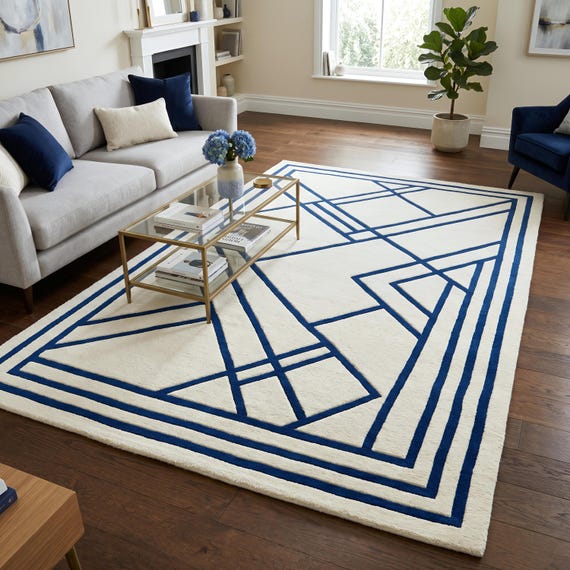 Ivory Modern Area Rug Navy Blue Linear Geometric Wool Rug Contemporary Living Room Bedroom Decor Housewarming Gift Apartment Chic