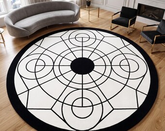 Round Black White Geometric Rug, Modern Abstract Circle Rug, Hand Tufted Living Room Carpet Hand-Tufted Wool Non-Slip Backing Rug 6×6, 7×7