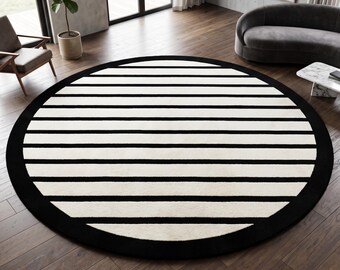 Black and White Striped Round Rug, Modern Geometric Circle Area Rug, Hand Tufted Wool Carpet, Minimalist Living Room Decor, Custom Size