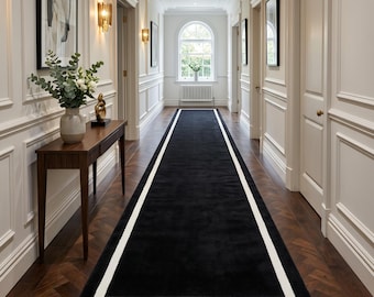Luxury Black White Border Runner Rug, Hand Tufted New Zealand Wool Hallway Runner, Modern Corridor Carpet, Custom Runner