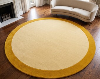 Mustard Yellow Round Rug, Cream Circle Area Rug, Gold Border Carpet, Modern Living Room Rug, Bedroom Rug, Neutral Home Decor Housewarming