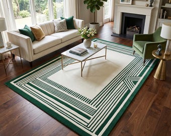 Geometric Area Rug Green White Striped Modern Home Decor Living Room Bedroom Hand-Tufted Wool Contemporary Abstract Angular Pattern Rug