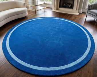 Round Navy Blue Rug with Light Blue Border, Modern Circle Area Rug, Living Room Bedroom Entryway Housewarming Gift for someone decorating