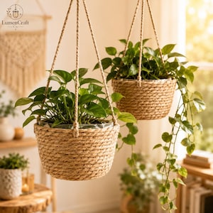 Hanging Plant Basket Indoor Planter Holder, Woven Jute Rope Plant Hanger, Boho Macrame Flower Pot Basket, Home Garden Decor