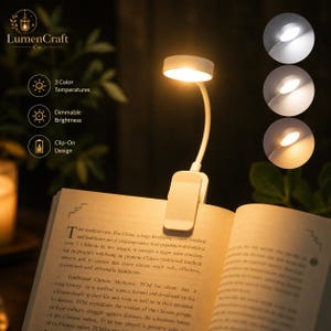 May include: A white clip-on reading light with a flexible neck attached to an open book. The lamp features three color temperatures, dimmable brightness, and a clip-on design. Three circular insets show the light emitting white, warm, and soft yellow tones.