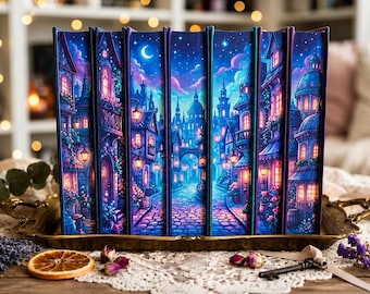 Conjunto de libros decorativos hechos a mano con diseño de Ciudad Nocturna Encantada / Pila de libros de fantasía / Decoración de estantería