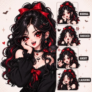 Puede incluir: Una ilustración de estilo anime de un personaje con largo cabello negro ondulado con reflejos rojos y un lazo rojo. El personaje viste un top negro con hombros descubiertos, un collar en forma de corazón y una gargantilla. Cuatro paneles muestran las expresiones NORMAL, SHOCKED, ANGRY y LAUGHING.