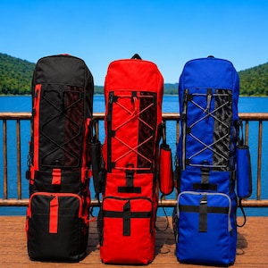 May include: Three tall, rectangular gear bags in black, red, and blue. Each bag features a vertical zippered compartment, a front mesh panel with crisscross elastic cord lacing, a lower zippered pocket with a vertical strap, and a side pouch.