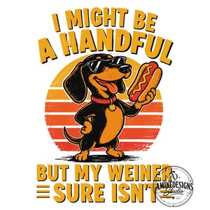 Peut inclure: Une illustration graphique d'un teckel noir et feu portant des lunettes de soleil noires et un collier rouge avec une médaille dorée. Le chien tient un hot-dog dans un pain. Derrière le chien se trouve un cercle de coucher de soleil. Texte : I MIGHT BE A HANDFUL BUT MY WEINER SURE ISN'T.