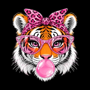 May include: A digital illustration of a tiger face against a black background. The tiger wears a pink leopard print headscarf tied in a bow and glittery pink cat-eye glasses. The tiger is blowing a large, round, bright pink bubblegum bubble.
