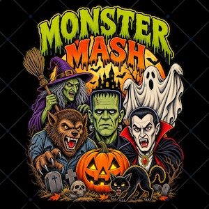 Monster Mash Halloween PNG, Retro Horror Design, Gothic Spooky Art (Digital Download)