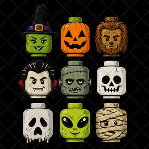 May include: A collection of nine stylized toy figure heads featuring Halloween characters including a green witch with a hat, a jack-o'-lantern, a brown werewolf, a vampire, a green monster with stitches, a white skull, a ghost, an alien, and a mummy.