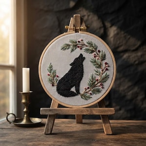 Könnte beinhalten: Ein runder Stickrahmen mit der Silhouette eines heulenden schwarzen Wolfs, umgeben von einem Kranz aus grünen Tannennadeln und kleinen roten Beeren auf hellgrauem Stoff, präsentiert auf einer kleinen hölzernen Staffelei.