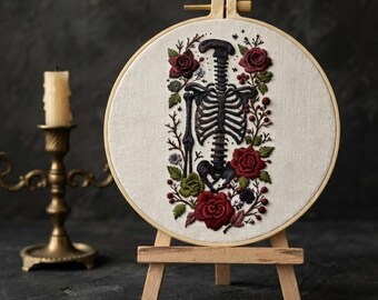 May include: A circular wooden embroidery hoop containing a piece of off-white fabric with a hand-stitched design of a black human rib cage surrounded by deep red roses, green leaves, and small purple flowers, displayed on a small wooden easel.
