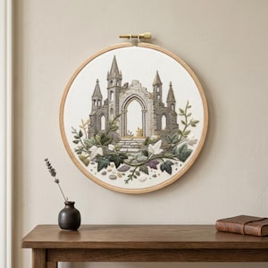 Embroidery Kit for Beginners, Gothic Stone Ruins and Ivy Hand Embroidery Pattern, Medieval Architecture Needlecraft Kit, Nature Inspired