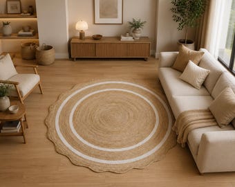 Alfombra redonda de yute natural tejida a mano, estilo bohemio rústico, con borde festoneado, lavable, ideal para la sala de estar.