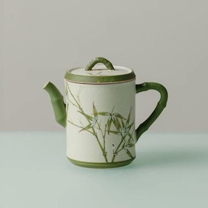 May include: A cylindrical ceramic teapot with a matte off-white finish, featuring a green bamboo-shaped handle and spout. The body is decorated with a painted green bamboo stalk design. It includes a matching flat lid with a small green handle.
