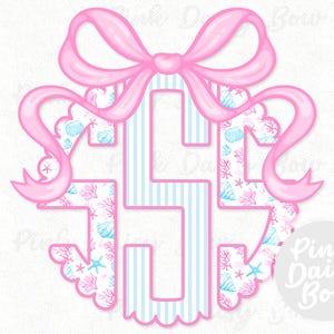 Preppy kustmonogram DIY-kit, rosa blå ränder, sommarsnäckrosé, sublimering (PNG-nedladdning)