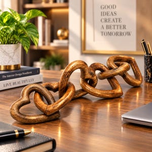 Op de afbeelding: Een decoratieve kettingsculptuur bestaande uit vier in elkaar grijpende hartvormige schakels met een verweerde antiek gouden afwerking. Het object is horizontaal op een houten oppervlak geplaatst en heeft een getextureerd, metalen uiterlijk.