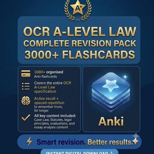 May include: A digital revision pack for OCR A-Level Law featuring over 3000 Anki flashcards. The graphic displays the text OCR A-LEVEL LAW COMPLETE REVISION PACK 3000+ FLASHCARDS, highlights active recall and spaced repetition, and includes a blue icon.