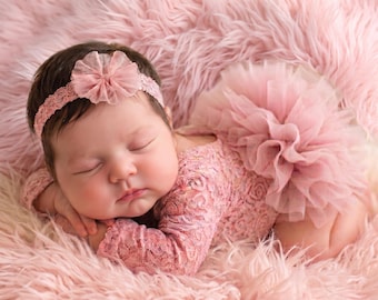 Newborn Lace Romper Set with Headband – Baby Girl Photography Prop Outfit for First Photos, Milestone & Baby Shower Gift