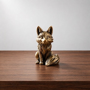 May include: A small, metallic, gold-toned fox figurine in a seated position. The sculpture features detailed, textured fur patterns across its body, pointed ears, and a bushy tail curled around its side, with a smooth, polished finish.