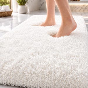 White Bathroom Rug, Plush Shower Carpet, Soft Absorbent Floor Cover, Non Slip Washable Spa Decor, Luxury Bathroom Accessory
