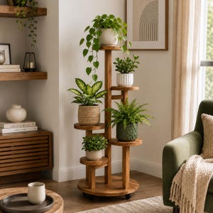 May include: A multi-tiered wooden plant stand with a central vertical support and circular shelves at varying heights. The stand holds six potted plants, including a trailing vine, a fern, and various small leafy green plants in textured pots.