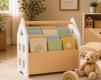 Kids Bookshelf with Handle, Wooden Book Storage for Toddlers, Nursery Bookcase, Playroom Organizer