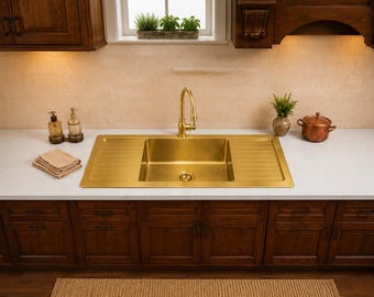 Brass Single Bowl Kitchen Sink with Double Drainboards , Handmade Farmhouse Workstation Sink