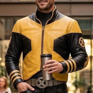 May include: A yellow and black leather jacket featuring a high collar, a full-length front zipper, and three horizontal stripes on each sleeve. The jacket displays a circular emblem on the upper arm and is worn over a black ribbed turtleneck shirt.