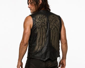 Daryl Dixon-geïnspireerd zwart leren vest met engelenvleugels | The Walking Dead cosplay biker vest | Handgemaakt leren motorvest