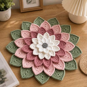 Puede incluir: Una alfombrilla de flores de ganchillo redonda y multicapa con un círculo central gris oscuro rodeado de pétalos blancos, rosa claro y rosa oscuro, con un anillo exterior de hojas verde salvia. Esta pieza textil texturizada está hecha a mano.