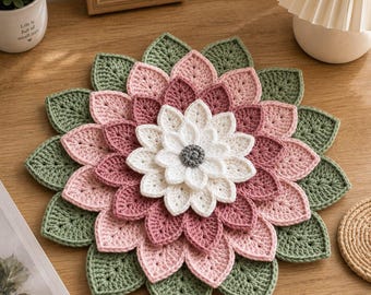 Patrón de salvamanteles de ganchillo con diseño de dalia en capas, tapiz de pared con mandala floral (descarga en PDF)