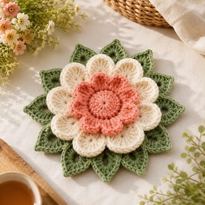 May include: A round, multi-layered crochet coaster or doily featuring a central flower in salmon pink, surrounded by a layer of cream-colored petals, and finished with an outer ring of green, leaf-shaped crochet motifs in a star pattern.