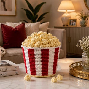May include: A crocheted popcorn bucket featuring vertical red and white stripes, filled with textured, cream-colored crocheted popcorn kernels. Three individual crocheted popcorn pieces are resting on the surface in front of the bucket.