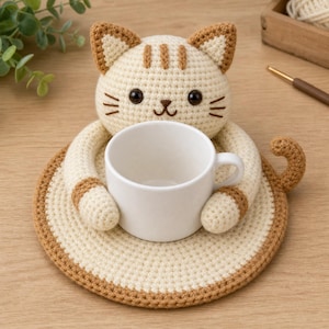 May include: A cream and tan crocheted cat figure with a round base and integrated arms holding a plain white ceramic mug. The cat features dark brown embroidered eyes, a small nose, whiskers, and striped ears, all crafted with a dense yarn stitch.