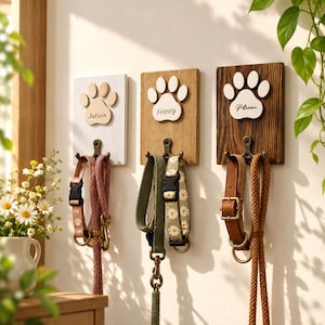 May include: Three rectangular wooden wall-mounted pet leash holders with metal hooks. Each features a wooden paw print cutout with the names Julian, Henry, and Pdrean engraved. The boards are white, light brown, and dark brown wood.