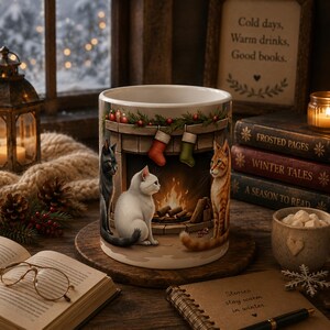 Christmas Book Lover Mug | Cozy Cat Christmas Gift | Three Cats Holiday Mug | Bookworm Christmas Coffee Cup | Reader Christmas Gift