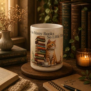 Mok met de tekst "Zo veel boeken, zo weinig tijd" | Cadeau voor boekenliefhebbers | Mok met een oranje kat die leest | Koffiebeker voor boekenwurmen | Lezerscadeau voor haar