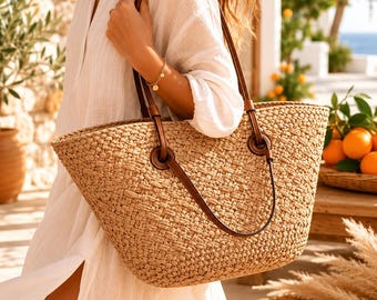Large Straw Beach Tote Bag, Boho Shoulder Bag, Woven Summer Handbag, Tassel Purse