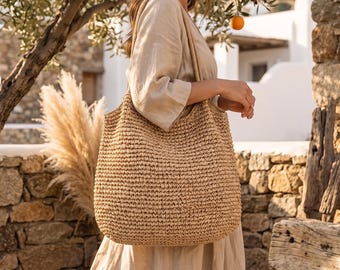 Woven Paper Straw Tote Bag, Boho Beach Handbag, Large Market Shopper Purse