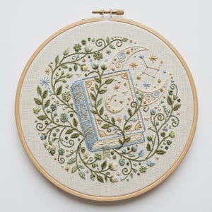May include: A circular wooden embroidery hoop containing a cream-coloured fabric panel. The embroidery features a central book with blue and gold details, surrounded by green vines, leaves, small flowers, a crescent moon, and star motifs.