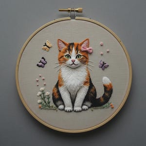 Peut inclure: Un tambour à broder en bois rond contenant un panneau en tissu avec un chat calico brodé à la main. Le chat a un pelage orange, noir et blanc, des yeux verts et un petit nœud rose sur l'oreille. Il est entouré de papillons et de fleurs brodés.
