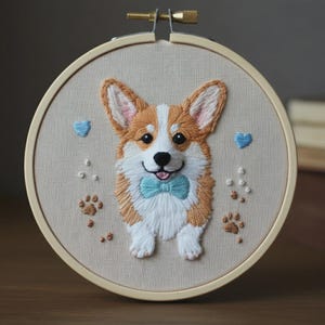 Könnte beinhalten: Ein runder hölzerner Stickrahmen mit einem handgestickten Porträt eines braun-weißen Corgi-Hundes. Der Hund trägt eine hellblaue Fliege. Das Design umfasst zwei kleine blaue Herzen und braune Pfotenabdrücke auf einem cremefarbenen Stoffhintergrund.