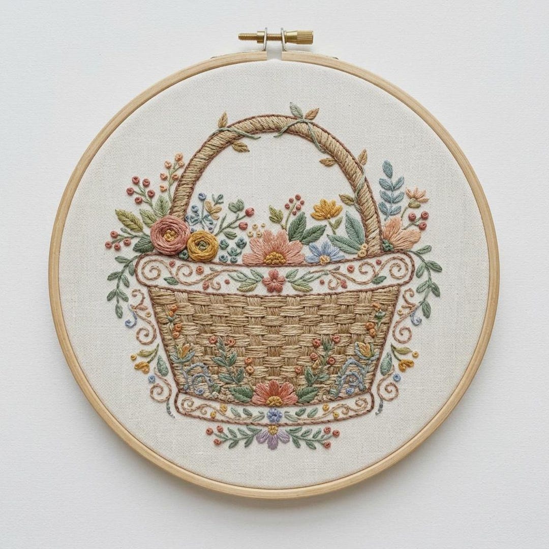 Floral Basket Hand Embroidery Pattern, Folk Garden PDF Instant Download ...