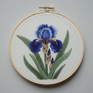 Handbroderimönster för blå iris i PDF-format, botanisk direktnedladdning