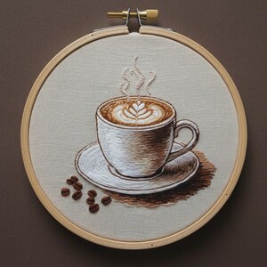 Puede incluir: Un bastidor de bordado circular de madera que contiene un panel de tela con un diseño bordado a mano de una taza de café blanca sobre un platillo. La taza presenta arte latte marrón y vapor ascendente, junto a granos de café dispersos.
