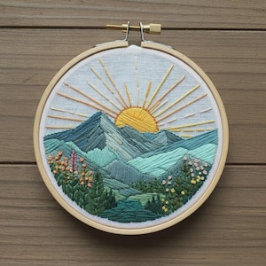 Mountain Sunrise Hand Embroidery Pattern PDF, Instant Download Nature Hoop Art
